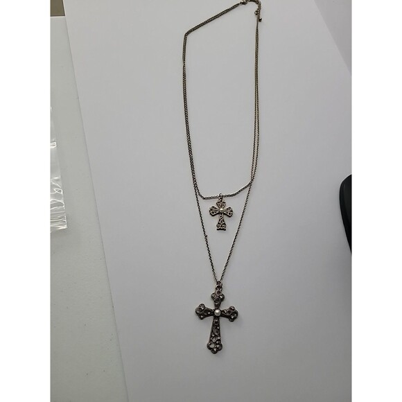 Vintage Necklace Chain Gold Tone Cross Pendant Crystal White Bead Jewelry - Picture 9 of 14